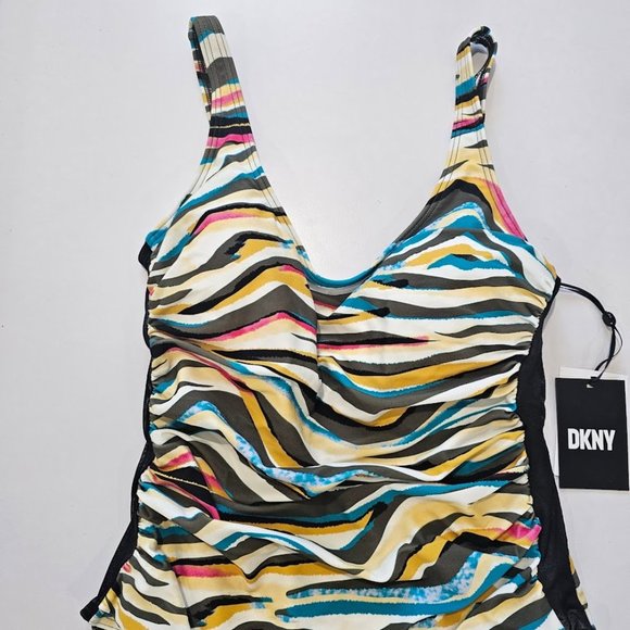 DKNY Mesh Side-Stripe Ruched One-Piece Swimsuit Size 8 - Picture 7 of 12